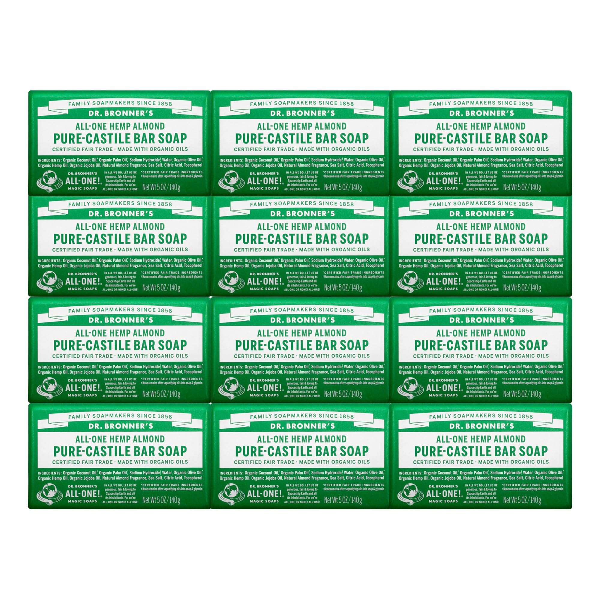 Dr. Bronner's - Pure-Castile Bar Soap (Almond, 5 ounce, 12-Pack) - Made with Organic Oils, For Face, Body and Hair, Gentle and Moisturizing, Biodegradable, Vegan, Cruelty-free, Non-GMO